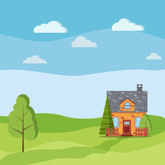 Obraz na płótnie Canvas Spring or summer landscape with cartoon brick village farm house with attic, chimney, fences, green trees, spruce, fields, clouds in flat cartoon style. Summer scene vector background illustration.