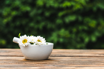 Fototapeta na wymiar pestle in mortar with chrysanthemum flowers on wooden table