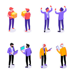 Different isometric men  - front and back view. Businessman, courier, old professor, programmer or manager. Vector flat illustration isolated on white background.