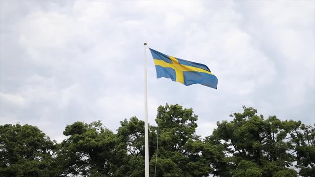 SLOW MOTION Swedish Flag on flagpole, flying above tree line on a cloudy sky background
