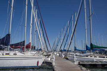 Fototapeta premium Sailboat Dock: Rows of sailing sloops face one another across a wooden pier on Lake Superior in northern Wisconsin.