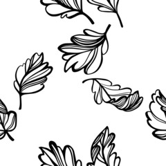 Fototapeta na wymiar Botanical seamless pattern. Black outline leaves of a tree isolated on white. Sketch style plane drawing, vector floral background.