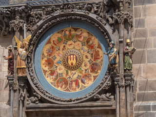 Obraz premium Prague, Czech Republic - June 9 2019: Calendar Board of the Astronomical Clock Prazske Orloj and Statues of the philosopher, angerl astronomer and chronicler in Prague, Czech Republic
