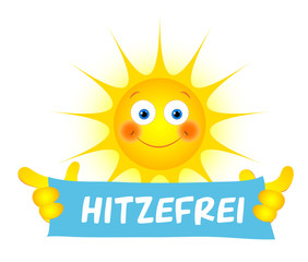 Sonne mit „Hitzefrei“ Schild,  Vektor Illustration isoliert auf weißem Hintergrund