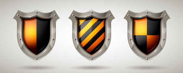 Metal security shield with black and yellow stripe. Realistic style. Isolated background. Network, cyber security or information protection concept for poster, web design, banner, icon, logo or badge