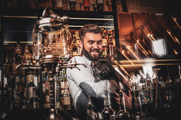 Fototapeta na wymiar Cheerful bar owner have nice time with his pet small bulldog. Bottles and glasses at background.
