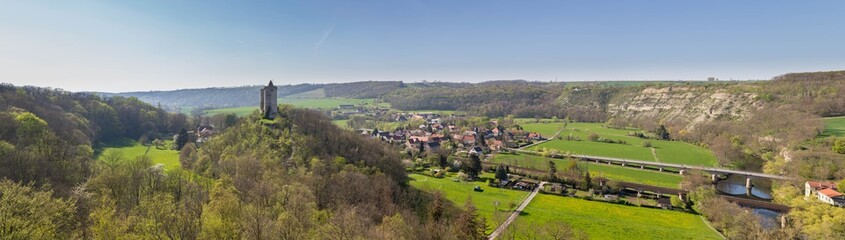 Saale valley panoramic view with castle Saaleck in Germany