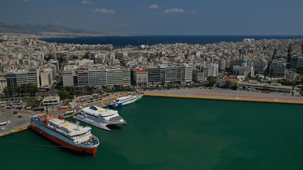 Aerial drone panoramic photo of Piraeus port the largest commercial port in Greece and one of the largest in Europe, Attica, Greece