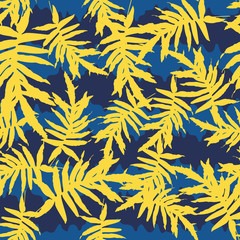 Naklejka na ściany i meble Colorful trendy seamless pattern with blue stripes, tropical leaves.