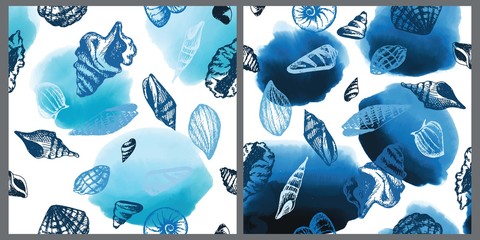 Marine patterns set seashells with blue watercolor brushes, ocean backgrounds kit