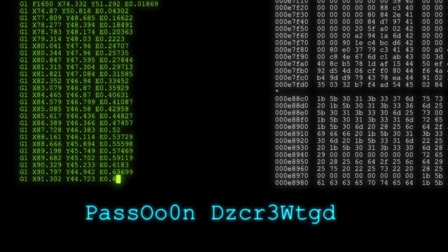 Data streaming down a screen simulating a hacker decrypting a password to steal information