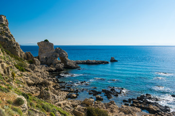 Fototapeta na wymiar Mediterranean coast on a sunny day on Rhodes.