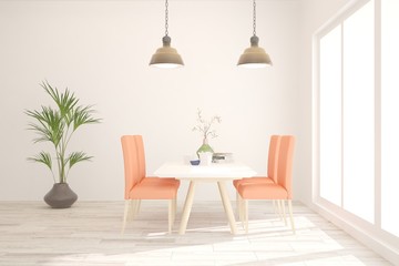 White stylish dinner room. Scandinavian interior design. 3D illustration