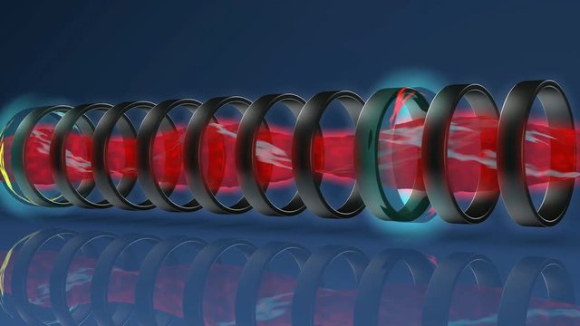 3D animation of plasma accelerator device with electric discharges.
