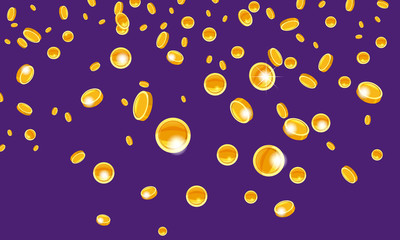 Falling coins, falling money, flying gold coins, golden rain. Jackpot or success concept. Modern background. Vector illustration