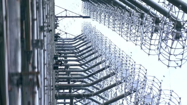Impressive view of Chernobyl construction used to be a radio center and radar system of Soviet Union. Close-up of metal parts on electrical building in the courtyard of Chernobyl atomic station.