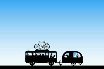 Fototapeta na wymiar Cartoon retro car on road. Vector illustration with silhouettes of parents with children traveling in camper. Family road trip. Blue pastel background