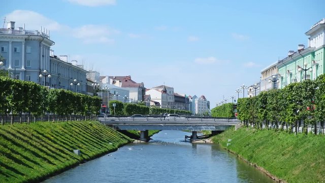 View of channel with Bulak River and bridge in the center of Kazan on the Pravobulachnaya str and Levobulachnaja str, Russia. Stock footage. Kazan city, Tatarstan republic