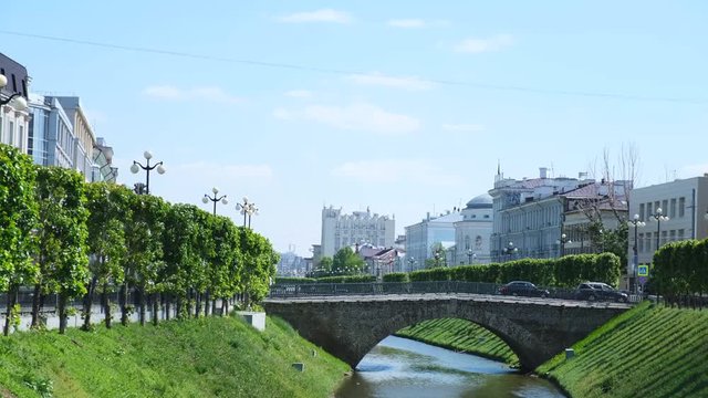 View of channel with Bulak River and bridge in the center of Kazan on the Pravobulachnaya str and Levobulachnaja str, Russia. Stock footage. Kazan city, Tatarstan republic