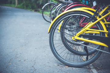 Fototapeta na wymiar rows of bicycle wheel in park