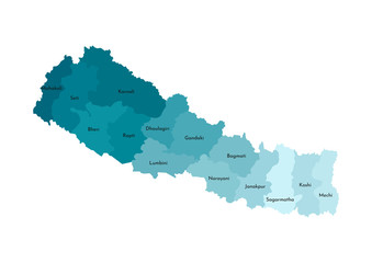 Vector isolated illustration of simplified administrative map of Nepal. Borders and names of the zones. Colorful blue khaki silhouettes