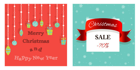 The Christmas sale. Advertising poster for the store. Discounts up to 50 percent. Red banner for website or flyer. Realistic vector. Proportional to A3. Festive new year design template. EPS10.