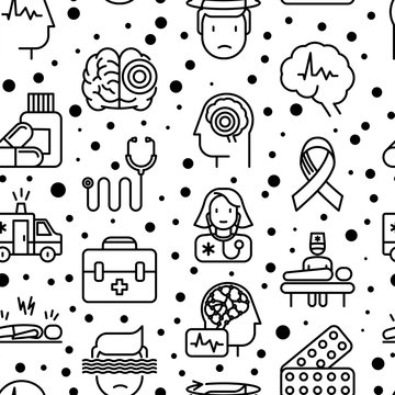 Epilepsy seamless pattern with thin line icons of symptoms and treatments: convulsion, disorder, dizziness, brain scan. World epilepsy day. Vector illustration for banner, web page, print media.