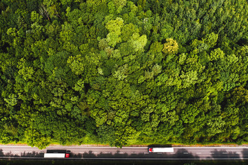 Aerial view of a road in the middle of the forest. Cars on the road driving.