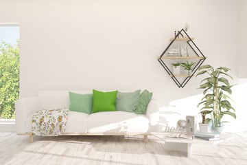 Stylish room in white color with sofa. Scandinavian interior design. 3D illustration