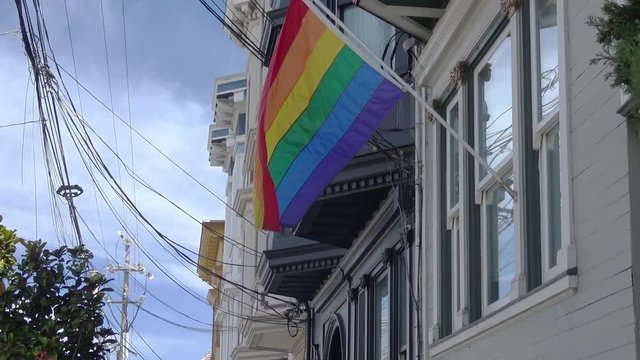 Rainbow Flag Outside a Victorian Home in San Francisco Castro District	