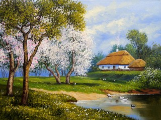 Fine art. Oil paintings rural landscape, old village, house in the village.