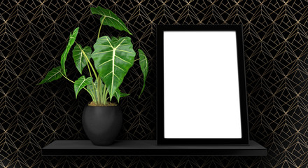  A flower in a pot and a frame on the shelf. black gold wallpaper