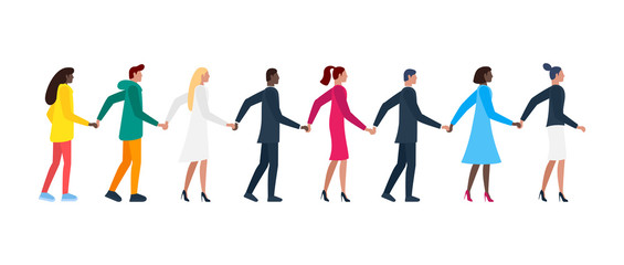 Queue of different men and women holding hands. Flat white and color male and female friendship cartoon characters standing in row together. Vector illustration