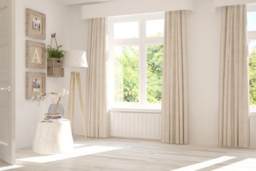 Stylish empty room in white color with summer landscape in window. Scandinavian interior design. 3D illustration