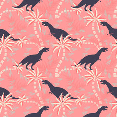 T. Rex in a prehistoric forest on a pink background. Seamless pattern. For textiles, fabrics, paper, Wallpaper