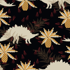 Stegosaurs in a prehistoric forest on a black background. Seamless pattern. For textiles, fabrics, paper, Wallpaper