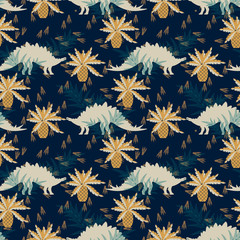 Stegosaurs in a prehistoric forest on a dark background. Seamless pattern. For textiles, fabrics, paper, Wallpaper