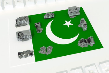destroyed buildings on flag of country Pakistan