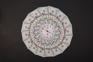Concept of clock and dollar. Clock on mandala kaleidoscope from money. Abstract money background...