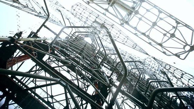 Stunning abstract ground view of large antenna complex used to be a military radar system of Soviet Union in Chernobyl.
