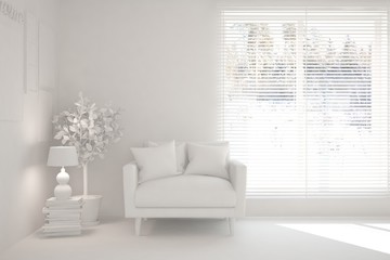 Mock up of stylish room in white color with armchair. Scandinavian interior design. 3D illustration