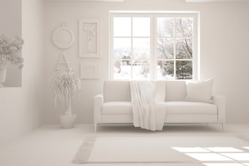 Mock up of stylish room in white color with sofa and winter landscape in window. Scandinavian interior design. 3D illustration