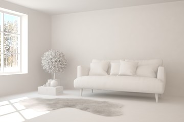 Mock up of stylish room in white color with sofa. Scandinavian interior design. 3D illustration