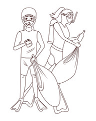 scuba diving avatar cartoon character in black and white