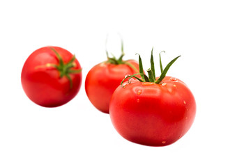 ripe fresh organic tomatoes in drops of dew isolated on white background