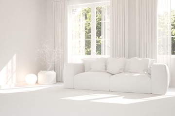 Mock up of stylish room in white color with sofa and green landscape in window. Scandinavian interior design. 3D illustration
