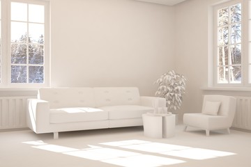 Fototapeta na wymiar Mock up of stylish room in white color with sofa and winter landscape in window. Scandinavian interior design. 3D illustration