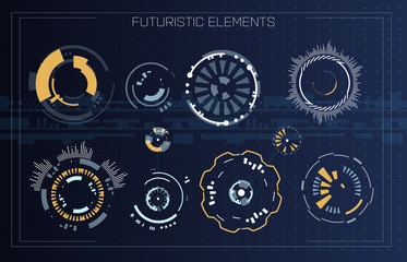 Technology futuristic modern user interface circle shapes. HUD elements. Futuristic Sci Fi Abstract Set. Futuristic blue virtual graphic touch user interface. Set of Circular Design Element