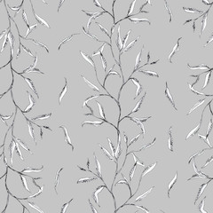 Tea tree branch with leaves, floral hand drawn - seamless pattern on light gray background