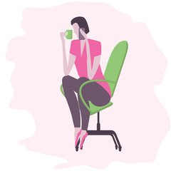 Girl in a computer chair with a mug of coffee talking on a cell phone - vector. Freelance.